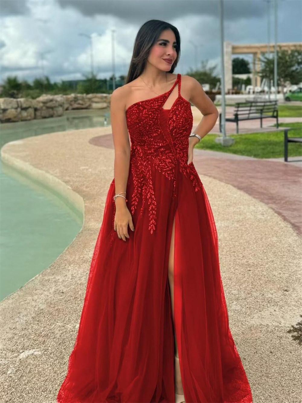 Long Prom Dresses Elegant One-Shoulder Sequins Beading Split Tulle Lase-up A-Line Plus Size Formal Occasion Evening Party Gown Pd12