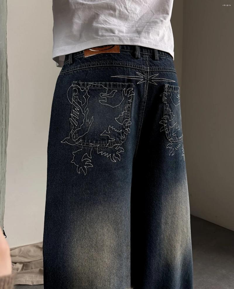 Men's Jeans Vintage Washed Mens Baggy Straight Black Lion Pattern Embroidery High Street Denim Pants Streetwear Women Y2k Trousers