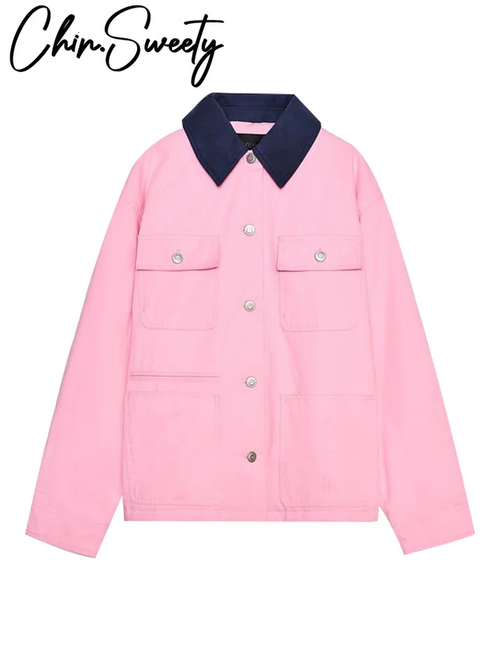 Casual pink womens coat patch work long sleeved pocket lapel jacket springsummer fashion 250407