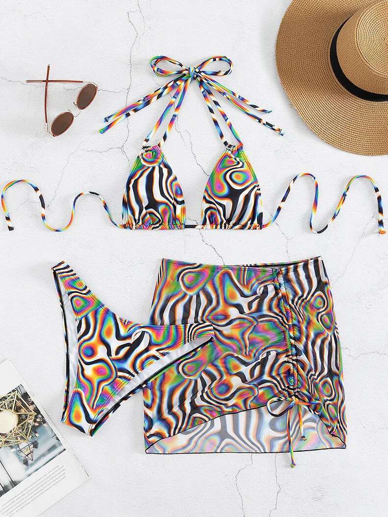 Dongdumaoyi Sexy Colorful Striped Bikini Set Women New Halter Push Up Pleate Skirt Piece Swimsuit Bathing Suit High Waist Swimwear
