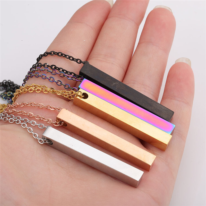 Smooth stainless steel three-dimensional long pendant for men women, simple and versatile perforated square column necklace