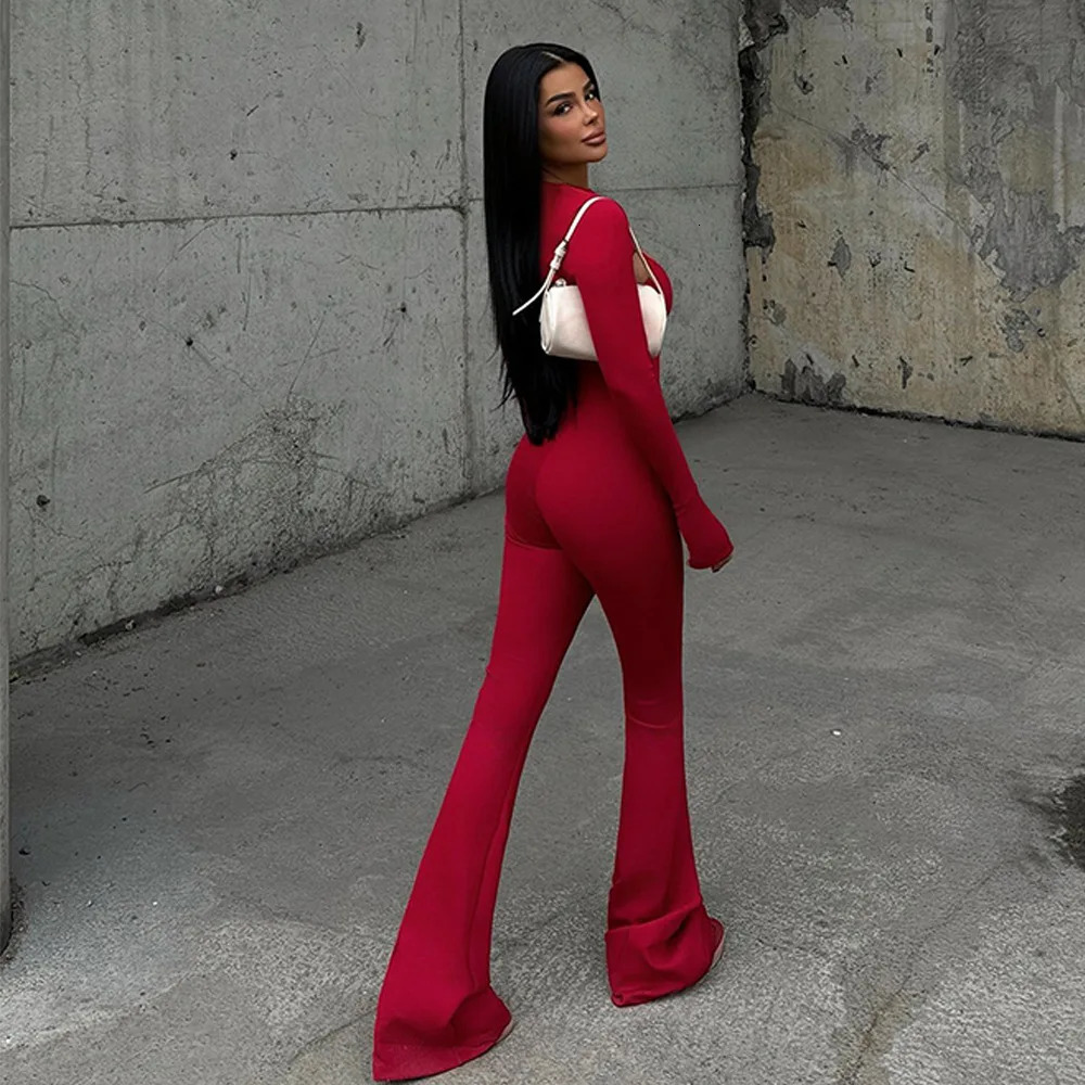 Womens slim fit shoulder strap jumpsuit fashionable and casual Oneck long sleeved solid color fitness sports Y2K 250407