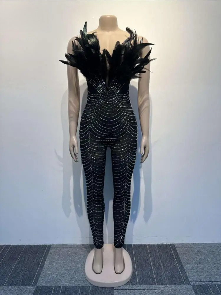 Feather V-Neck Strapless Jumpsuit Women Sexy Dias Mesh See Through Bodycon One Piece Rompers Midnight Clubwear