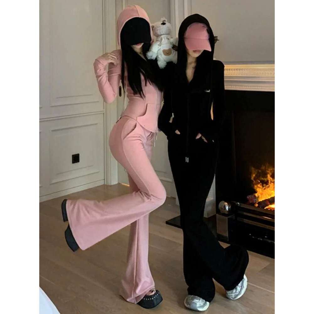 Y2k High Street Two Piece Set Tracksuit Women Hooded Zipper Jacket + Drawstring Wide Leg Pants Korean Fashion Solid Slim Outfits