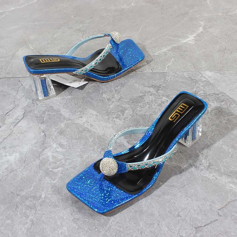 Fashion slippers 2025 summer new crystal folding high heels square high heels Korean version outer designer women's sandals 6CM1