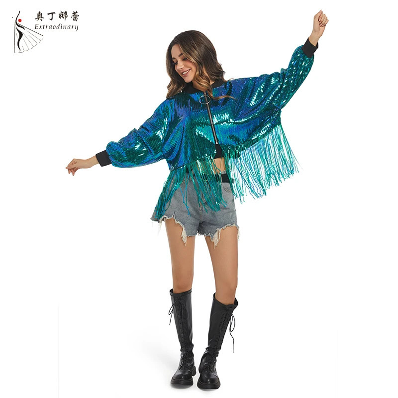 Womens sequin fringe jacket long sleeved front zipper casual glitter party fashion reversible hiphop 250407