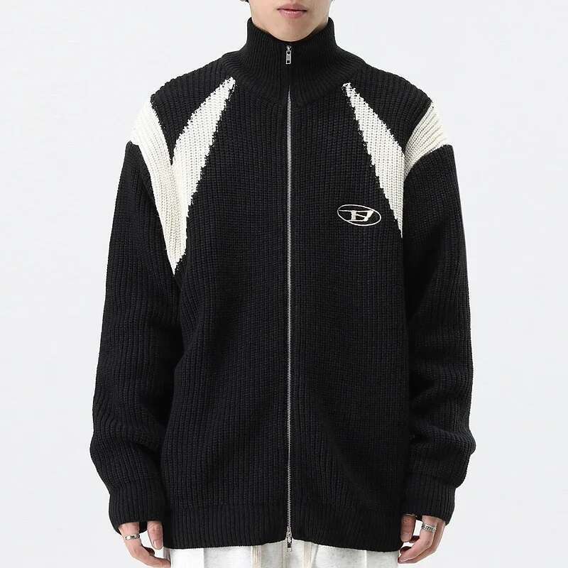 Contrast Paneled Mens Streetwear Cardigan Knitted Sweater Autumn Winter Loose Casual Long Sleeve Zipper Outerwear Men