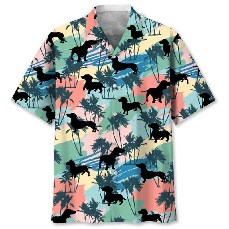 Cartoon sausage dog 3D printed mens animal pet graphic short sleeved Hawaiian shirt top loose collar shirtXJ250407