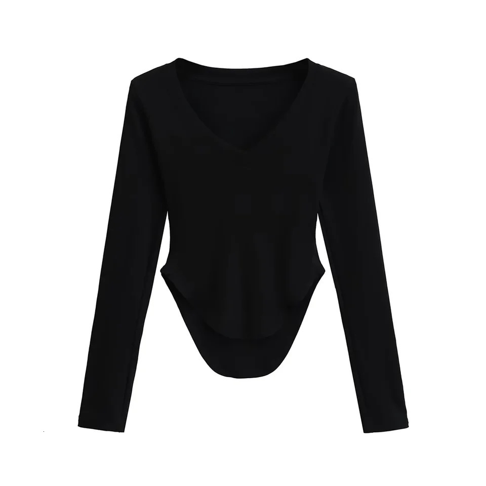 womens long sleeved Tshirt Vneck unique asymmetrical hem n elegant and fashionable Y2K 250407