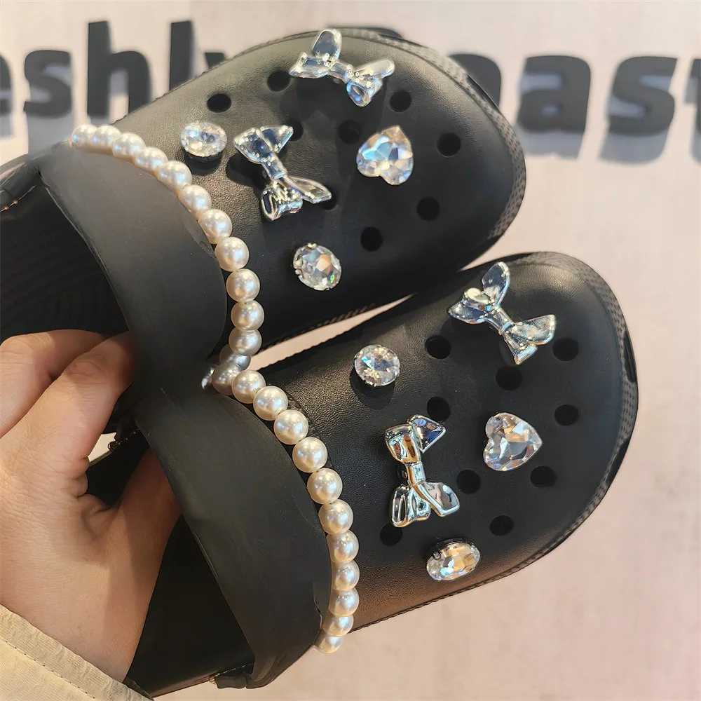 DIY Pearl Rhine River Sier Bow Shoe Decorative Buckle for Charm Hole Shoe Accessories Y250403