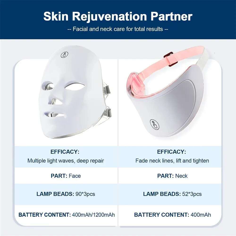7 Colors Led Facial With Neck Red Light Therapy Mask For Skin Tightening Lifting Anti-Aging Bio-Light Beauty Whitening Home