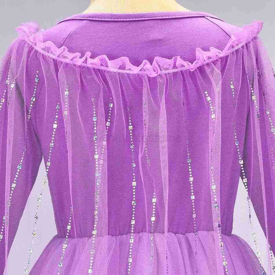 Disney Girl Elsa dress princess cosplay purple sequin grid Halloween long sleeved ball dress birthday party carnival costume X250408