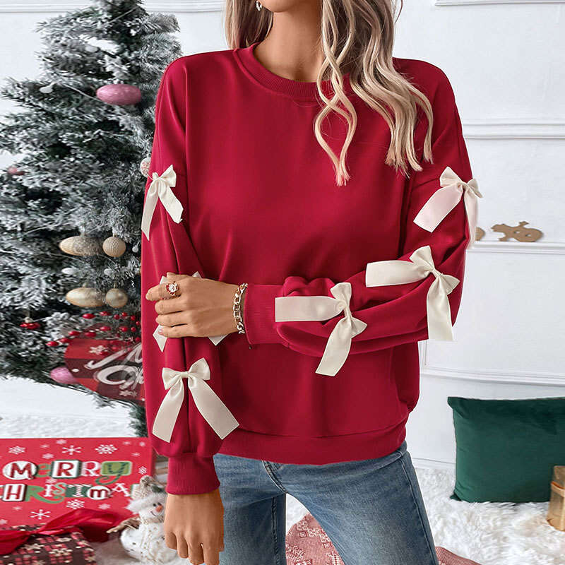 Autumn winter European and American hot items, sweet style top, round neck bow red Christmas hoodie, women's 2025 new casual fashion trend clothi