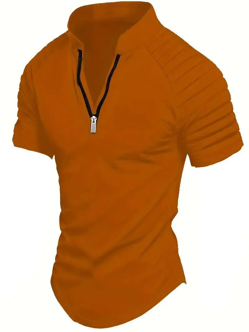 Mens polo shirt for spring sports solid color stand up collar pleated zipper breathable and casual summer fashion top short sleeved 250402