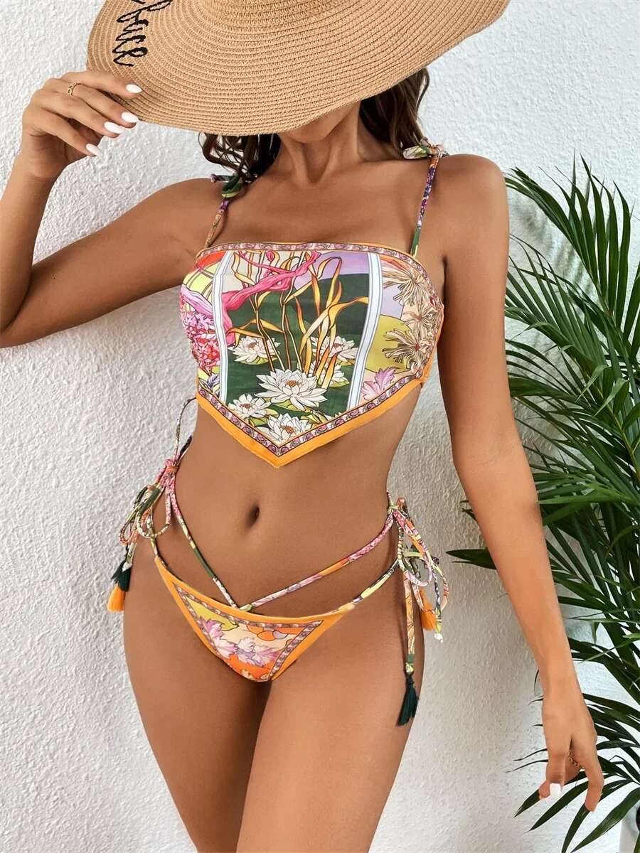 Dongdumaoyi Vintage Print Bikini Set Women Halter Push Up Crop Top Hollow Out High Waist Swimwear Beach Bathing Suit Lace Swimsuit
