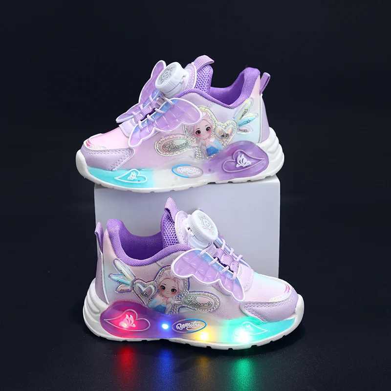 LED casual sports shoes Spring Girls Elsa Princess leather swivel buckle childrens shoes anti slip pink purple W250407