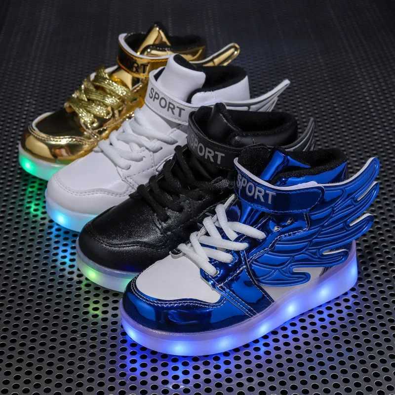 USB charging luminous shoes childrens sports shoes LED flashing wings casual board shoes sports walking coach boys and girls luminous shoes W250407