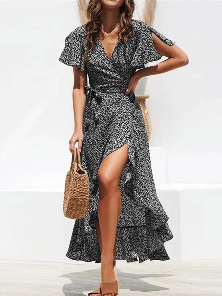 Summer Beach Maxi Women Ral Print Boho Long Chiffon Ruffles Wrap Casual V-Neck Split Sexy Party Dress Robe Femme