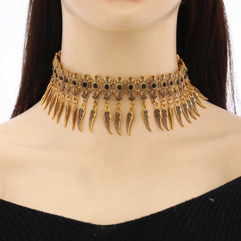 2025 Trend Neck Jewelry Bohemian Ethnic Style Vintage Alloy Rhinestone Wings Tassel Choker Necklace For Women Party AccessoriesC250407