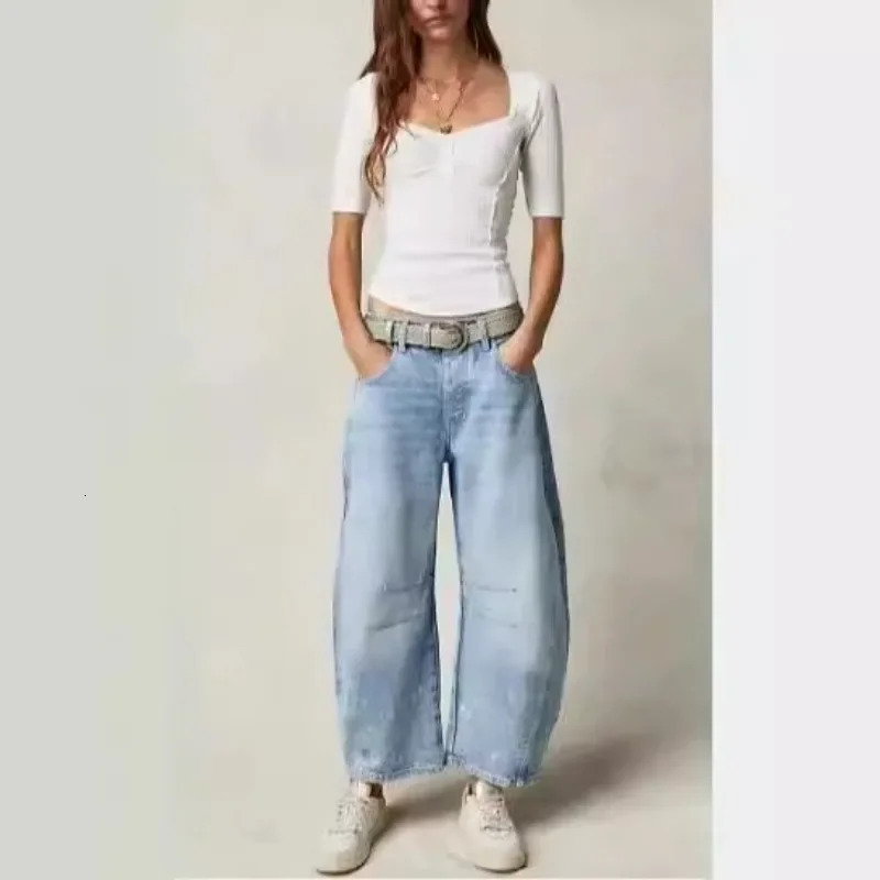 loose mid low waist washed womens jeans high wide leg pants comfortable casual denim 250407