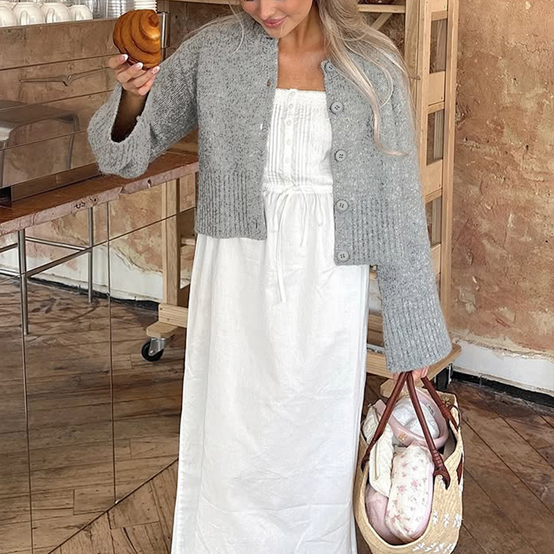 Women's new solid-color cardigan, versatile grey long-sleeved coat, romantic autumn outfit, going-out attire, back-to-school clothes---TVL048