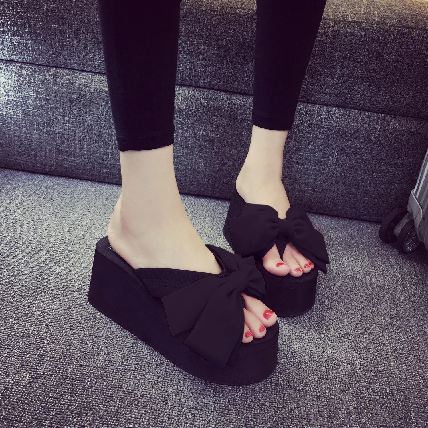 Korean Style Black Fashion Big Bow Thick-Soled Platform Wedge Womens Summer Flip-Flops Beach Slippers Seaside Vacation Slippers 250408