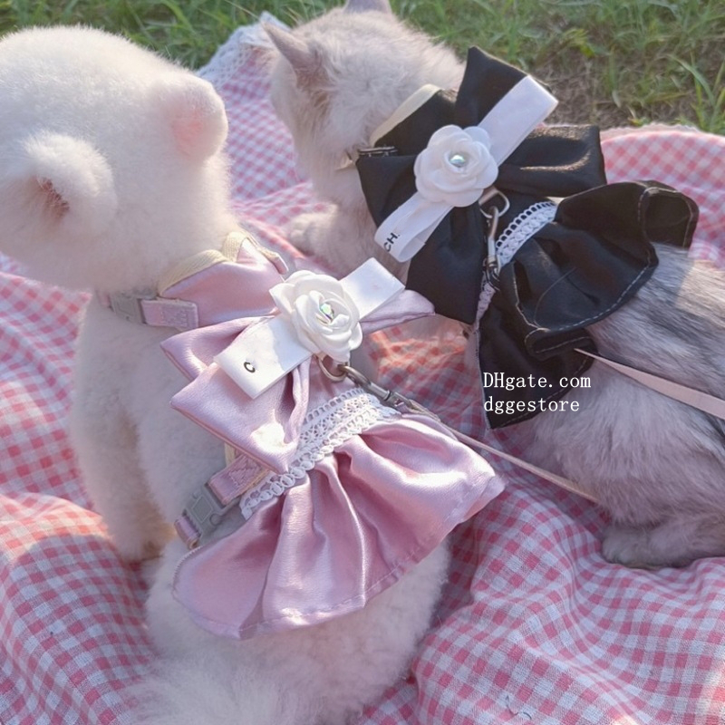 free shipping Designer Clothes Dog Harness Leash Set Puppy Cats Cute Floral Bowknot Princess Birthday Dress for Small Pet Dogs Kitten Outfits Apparel 