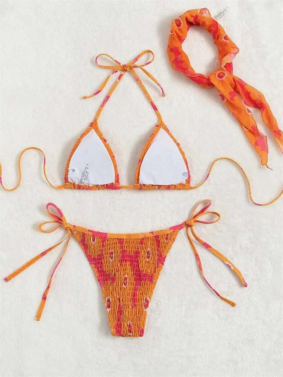 Dongdumaoyi Sexy Band Piece Bikini Set Women Orange Floral Print Pleate Push Up Micro Swimwear Bathing Suit Tie Side Thong Swimsuit