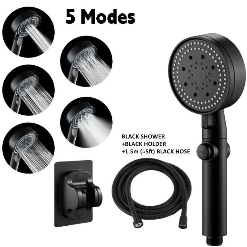 3 pieces/set adjustable silver/black shower high-pressure water-saving shower with 5 modes+wall mounted bracket+1.5M hose Y250407