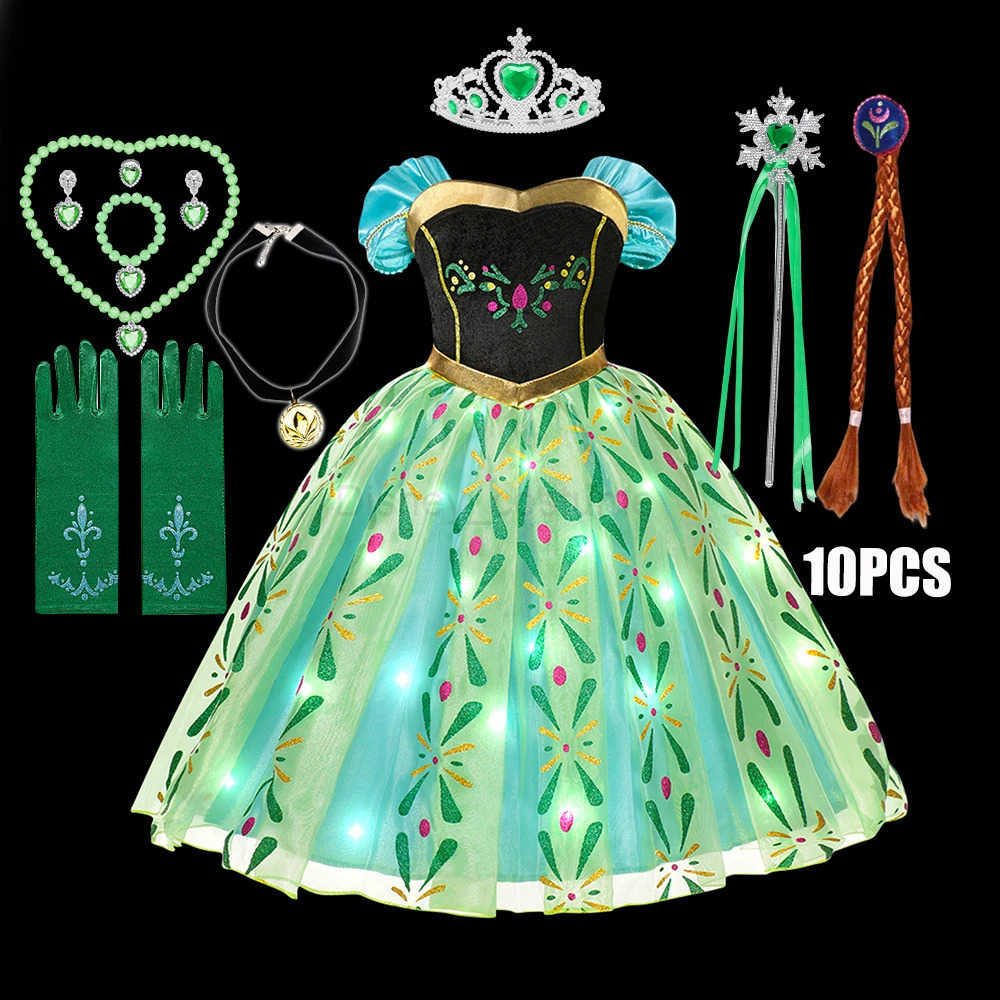 Disney Anna LED Light Up Dress for Kids Girls Princess Costume Fancy Carnival Birthday Party Dresses Full Printing Elegant Clothing X250408