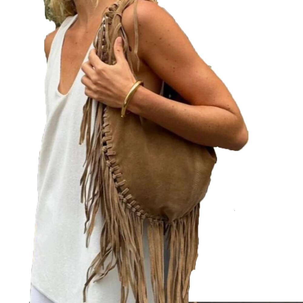 New Long Tassel Women's Shoulder Bags Faux Suede Tote Bag Designer Handbags Half Moon Hobos Frosted Shopper Purses Female