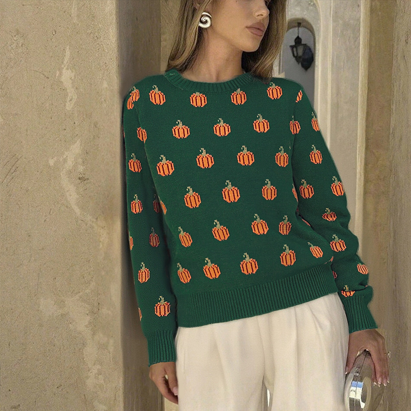 Women's new color-matching sweater, Halloween pumpkin jacquard long-sleeved sweater, romantic autumn clothing Valentine's Day outfit for wom