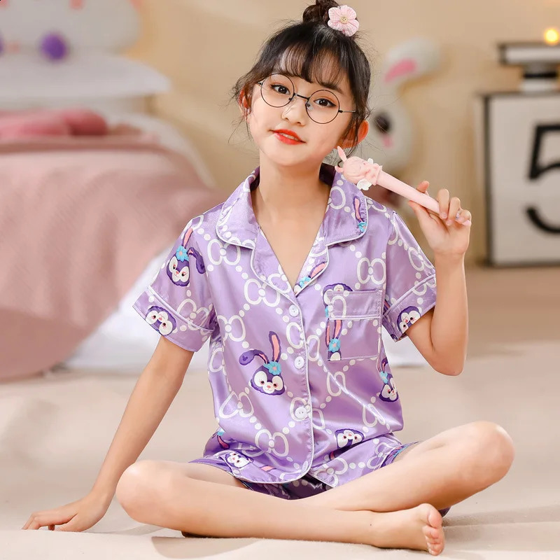 Kids Pajama Girl Ice Silk Short Sleeve Cardigan Sweet Childrens Clothing Long Sleeve Tops Pants Sleepwear Pyjama Clothes 250408