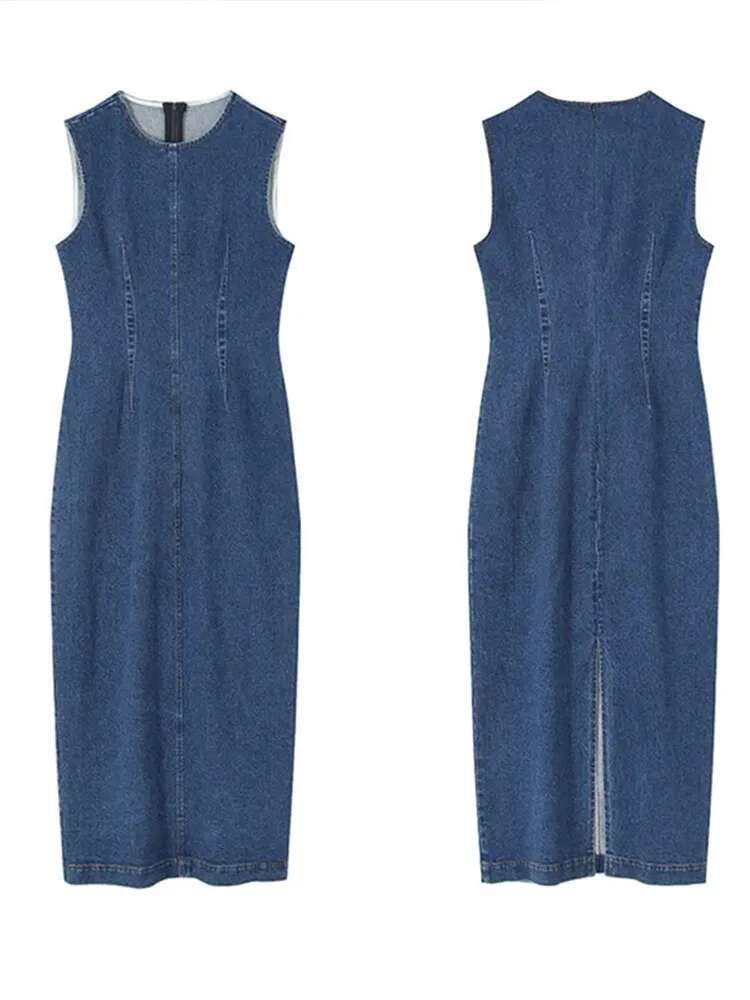 Denim Long Dresses for Women Sleeveless O Neck Midi Dress Slit Casual Commuting Robes 2025 Summer Female New Streetwear