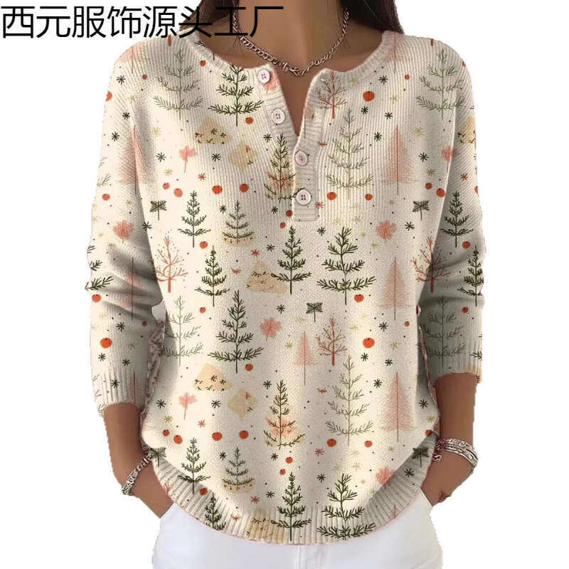 Independent New Retro 3D Digital Print Four-Button Stand Collar Polo Sweatshirt Women's Early Autumn