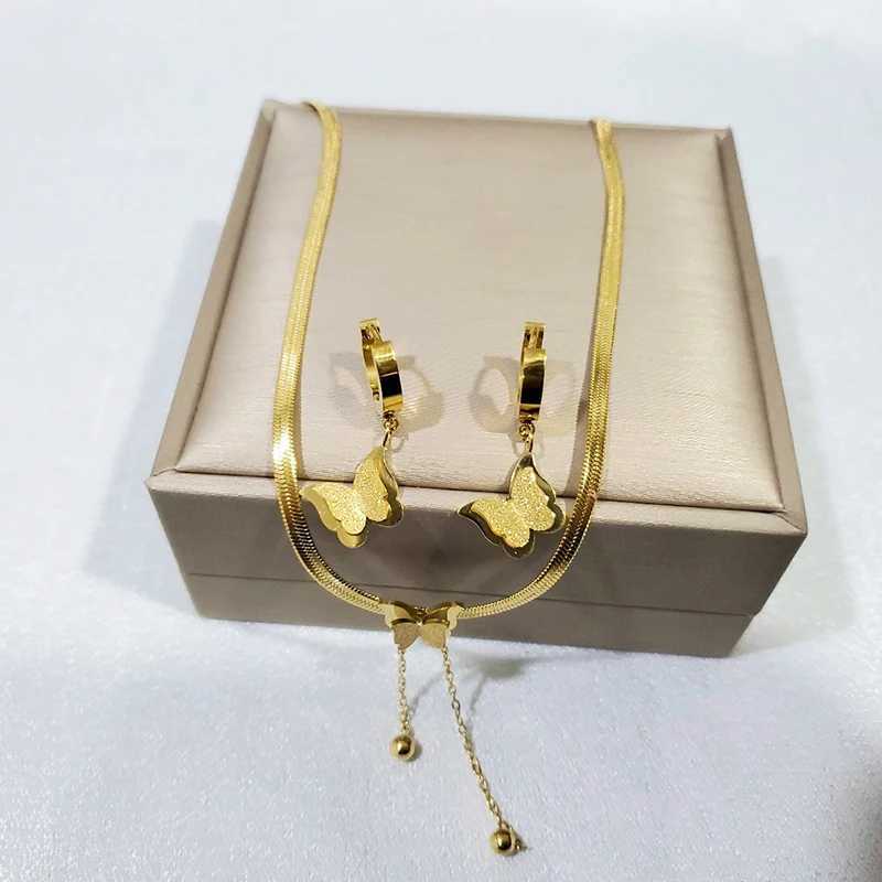 316L Stainless Steel Gold-plated Frosted Butterfly Pendant Snake Bone Chain Tassel Necklace Earring Jewelry Set Y250408