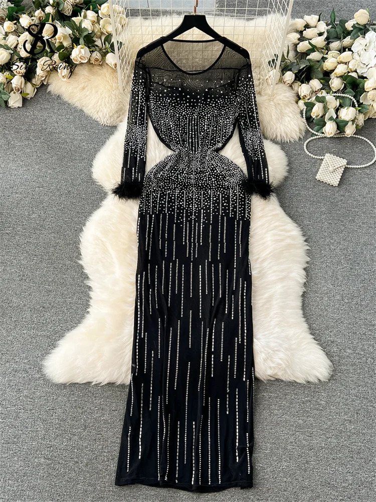 SINGREENY Bodycon Long Skirt European O-neck Long sleeved Feathered Womens High end Mesh Transparent Diamond Dress 250402