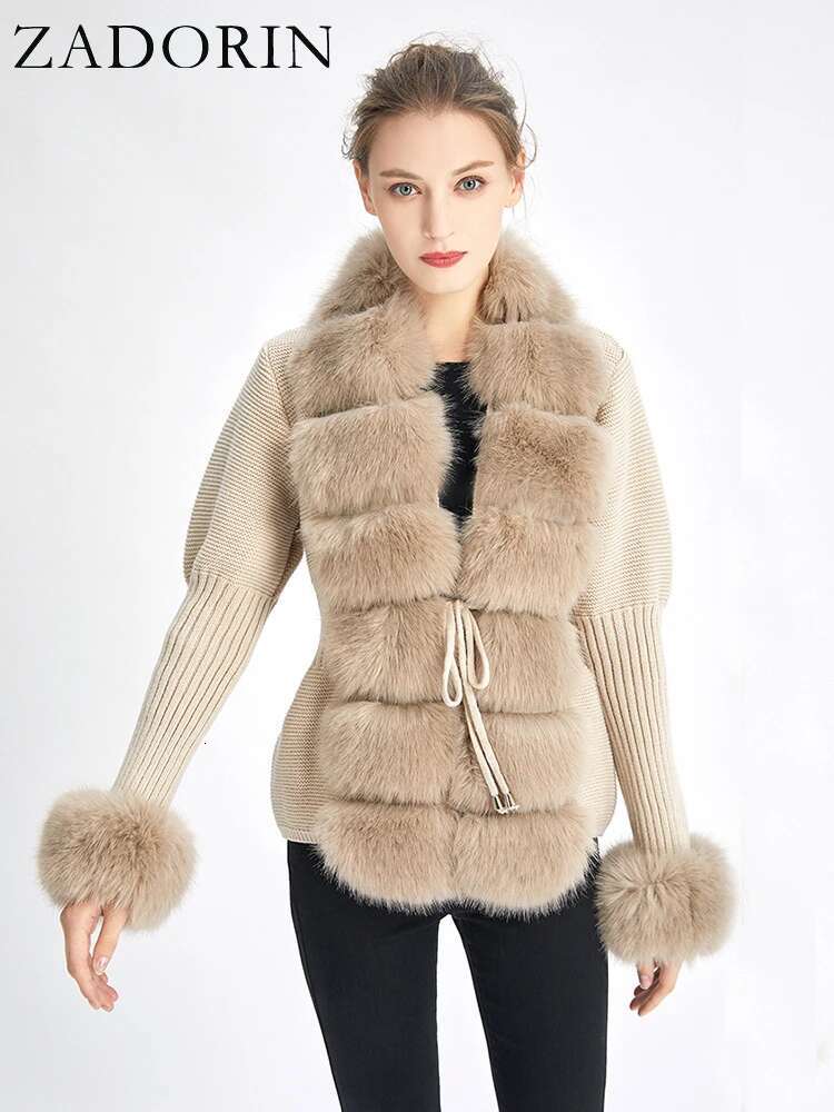 ZADORIN Fall Winter Women Coat Knitted Sweater Cardigan Detachable Collar White Pink Jacket Faux Fur Coats