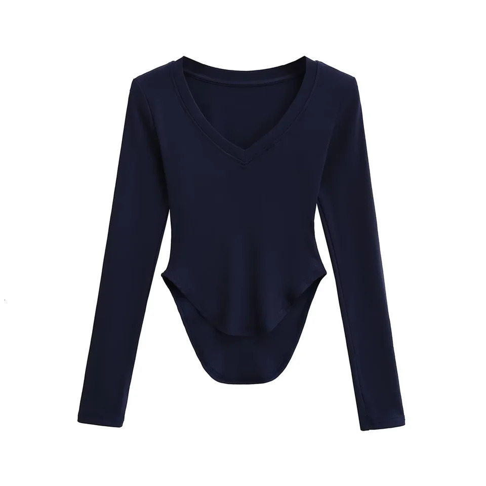 womens long sleeved Tshirt Vneck unique asymmetrical hem n elegant and fashionable Y2K 250407