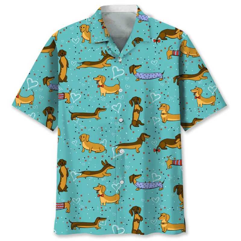 Cartoon sausage dog 3D printed mens animal pet graphic short sleeved Hawaiian shirt top loose collar shirtXJ250407