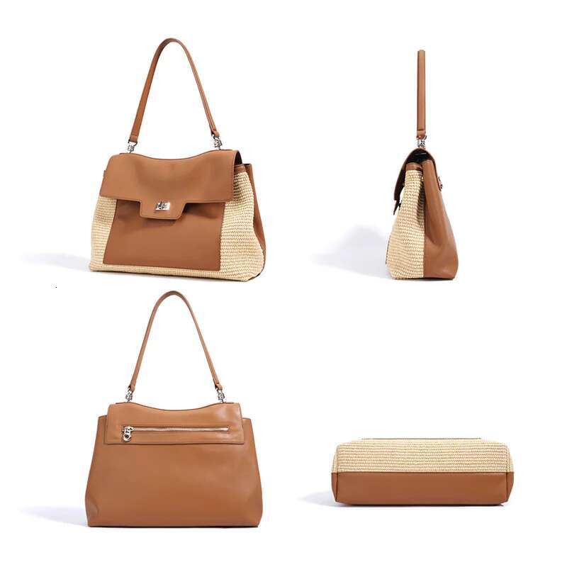 Summer 2025 Women's Raffia Woven Tote Split Leather Crossbody Straw Messenger Grass Weaving Shoulder Bag For Ladies New