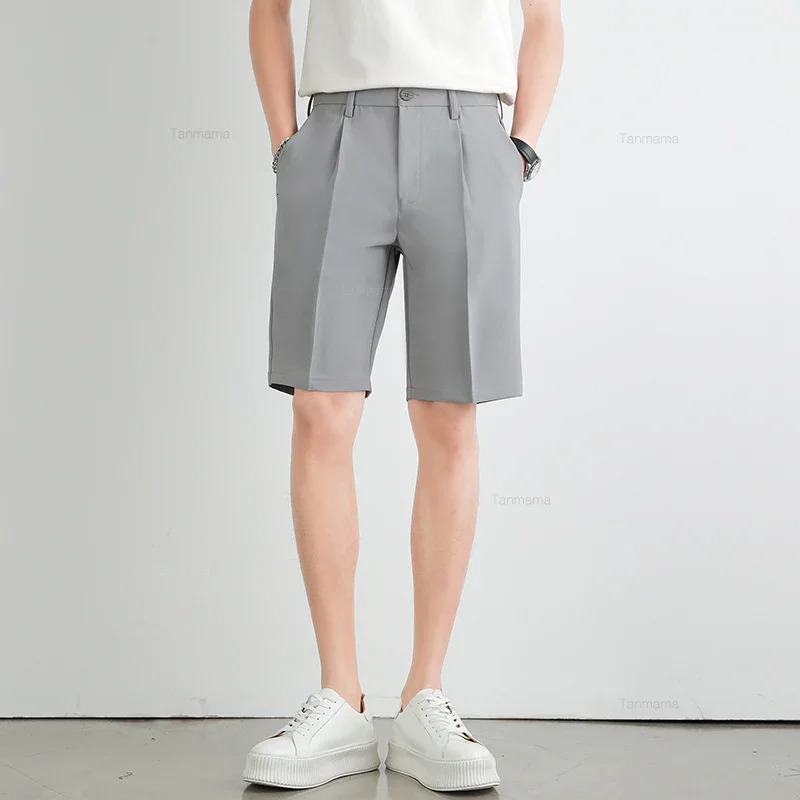 Summer Mens Suit Shorts Solid Color Loose Drape Business Straight British Casual Knee-length Pants Clothing Black Gray 250407