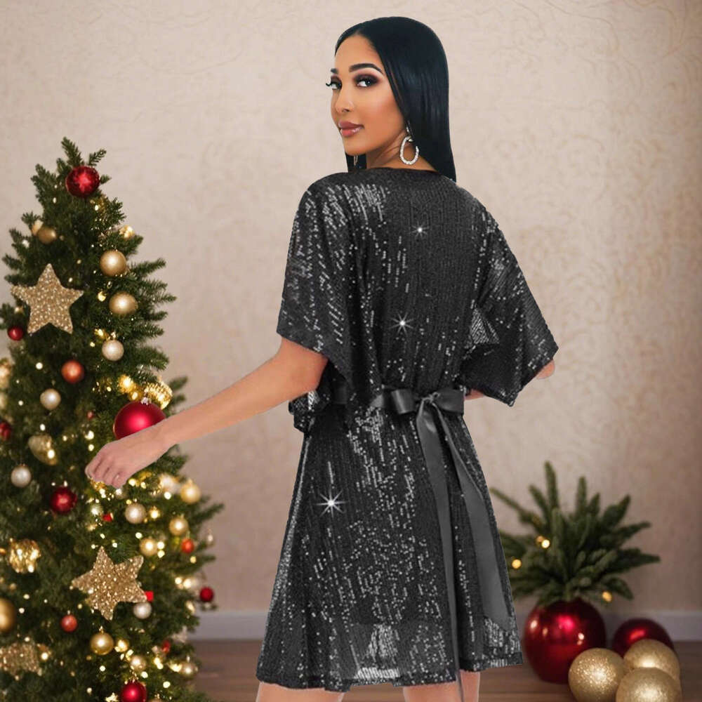 Style Cross-Border Fashion Christmas Evening Sequin Half Sleeve Autumn Hot-Selling Women's Short Dress Wholesale
