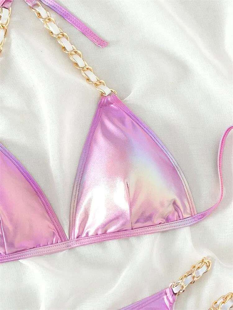 Dongdumaoyi Push Up Bikini Micro Bikinis Set Pink Gradient Metal Strap Swimsuit Women Sexy Cut Out Bathing Suit High Waist Swimwear