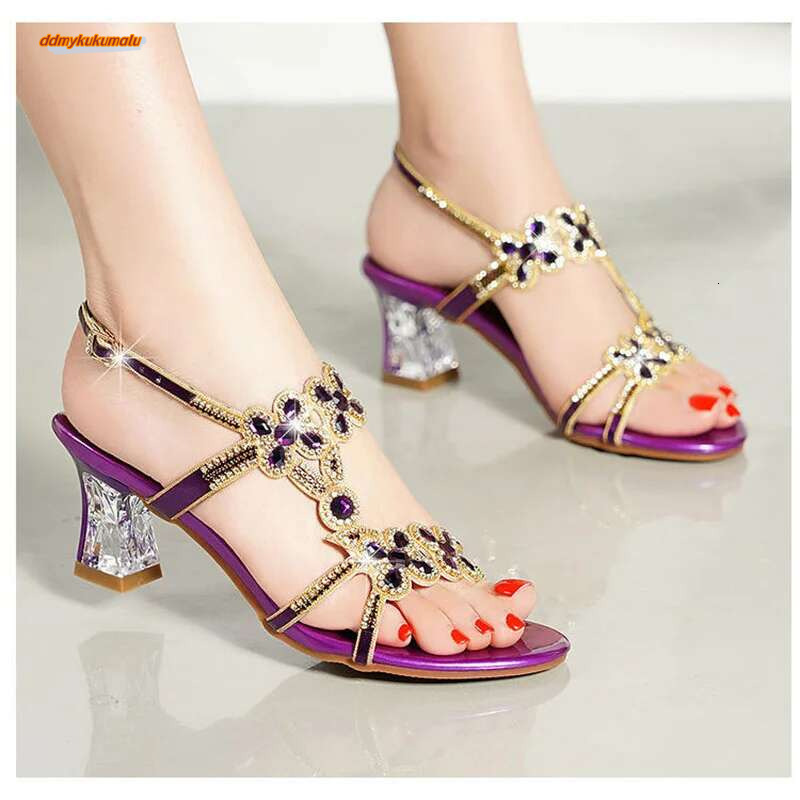 Summer New Style Rhie High Heel Sandals Women's Open Toe Fashion Sexy Beach Roman Dia-encrusted Shoes ddmykukumalu