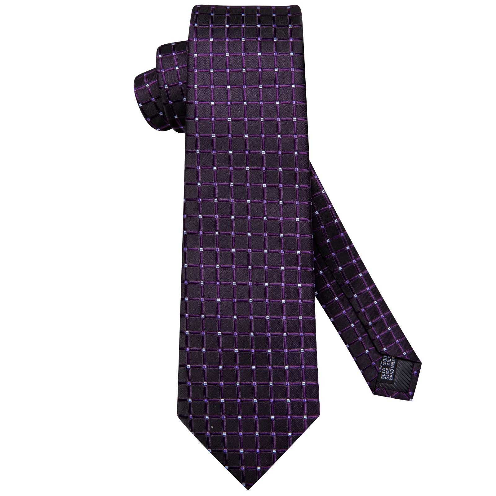 Hi-Tie Plaid Dots Purple Grey Mens Elegant Necktie Handkerchief Cufflinks for Tuxedo Fashion Classic Silk Luxury Tie for Man X250407