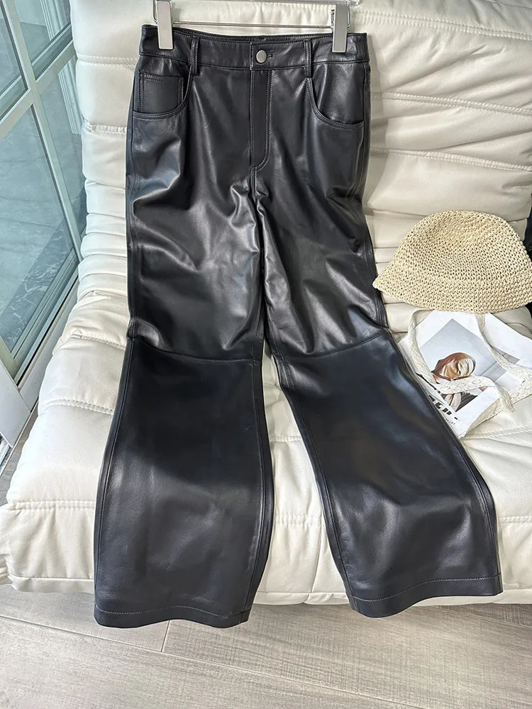 Womens high waisted sheepskin pants straight loose thin genuine leather wide legs spring autumn 250407