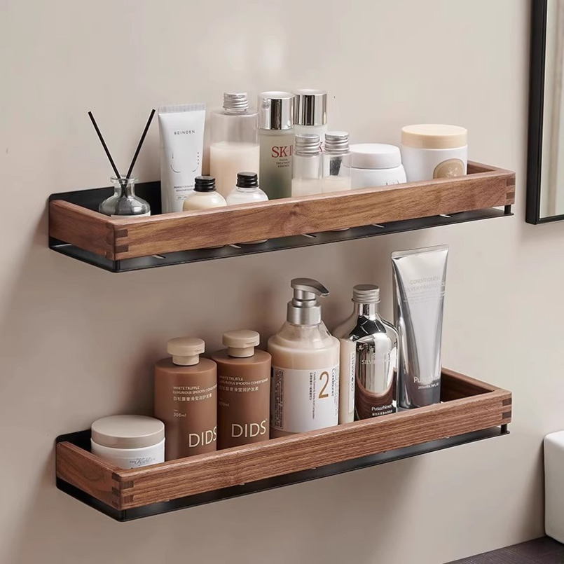 Walnut Bathroom Shelf Vintage Style Solid Wood Toilet No-Drill Washstand Wall Storage Rack