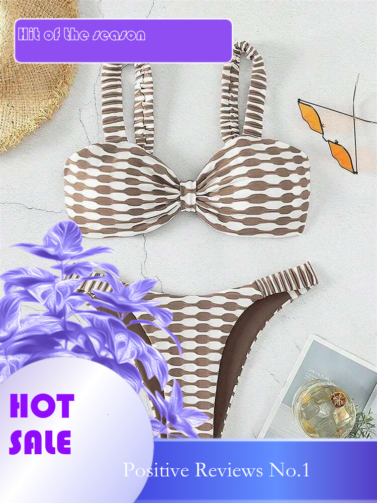 Dongdumaoyi Sexy Khaki Plaid Print Bikinis Sets Women Luxury Stripe Front Bow Push Up Micro Swimsuit Summer Bathing Suit Thong Swimwear