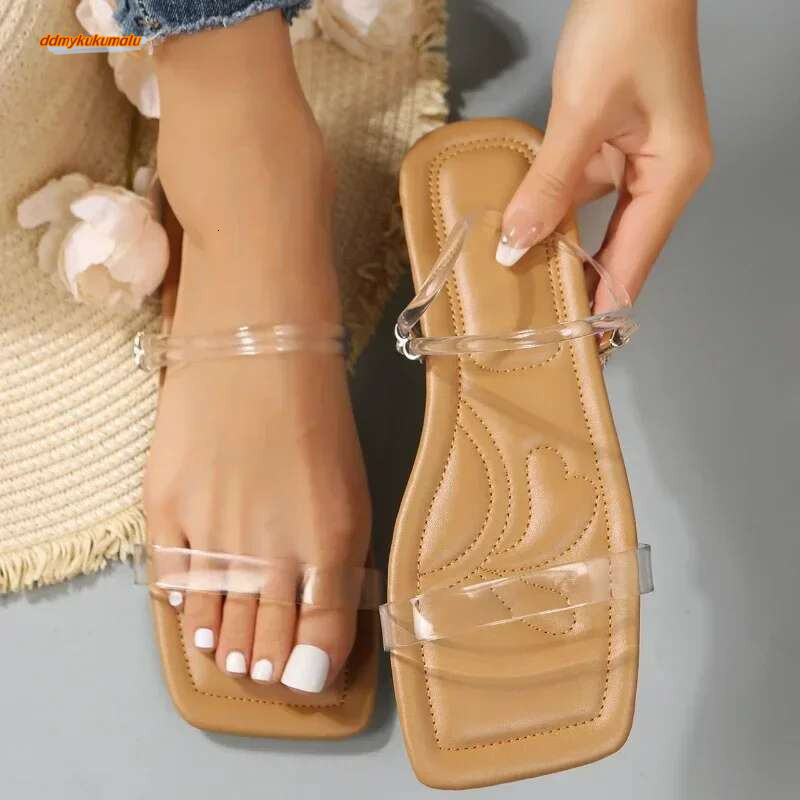 2024 New Women's Slippers Fashion Summer PVC Transparent Open Toe Sexy Square Head Large Casual Flat Sandals 35-42 ddmykukumalu